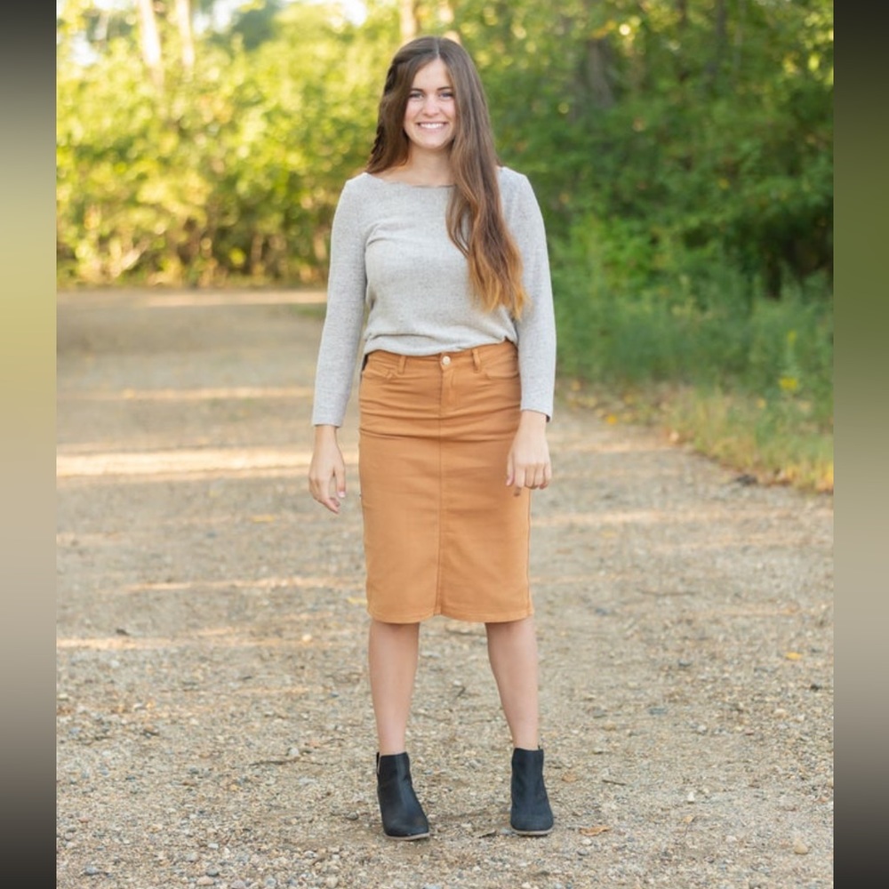 Remi Burnt Camel Denim Midi Skirt